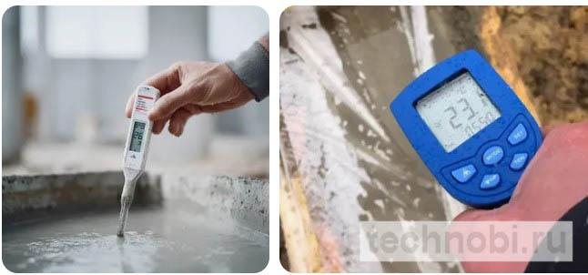 Измерение температуры бетонной смеси термощупом непосредственно в миксере