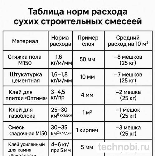 Таблица расхода сухой бетонной смеси на м² при разной толщине слоя