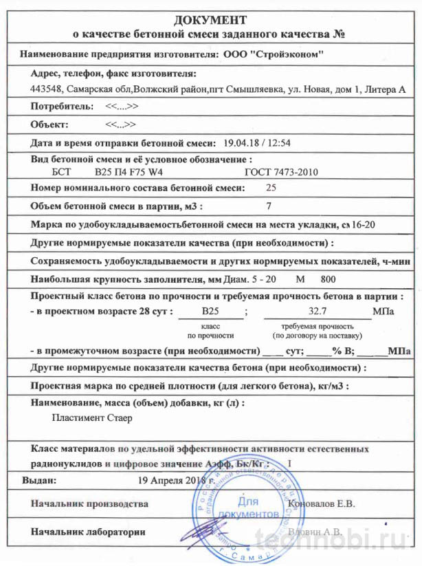 Пример заполнения паспорта качества бетонной смеси по ГОСТ 7473-2010
