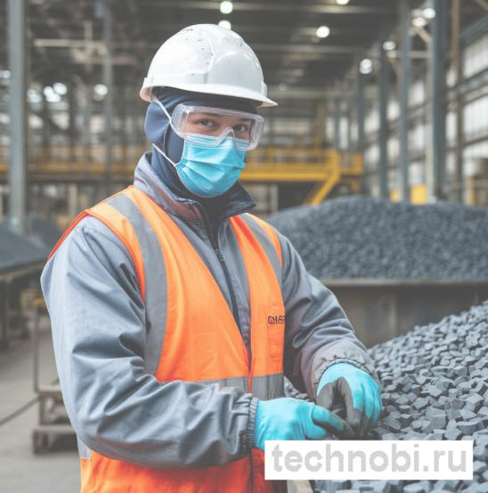 Работник в средствах индивидуальной защиты на графитовом производстве