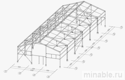 Чертеж ангара из металлоконструкций с размерами и узлами крепления